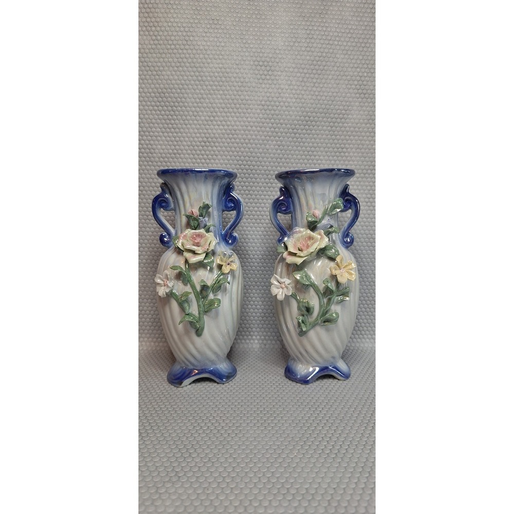 Vintage Lefton Porcelain 2 Handled 3D Floral Vases ~ 7" x 3" Blue Glazed